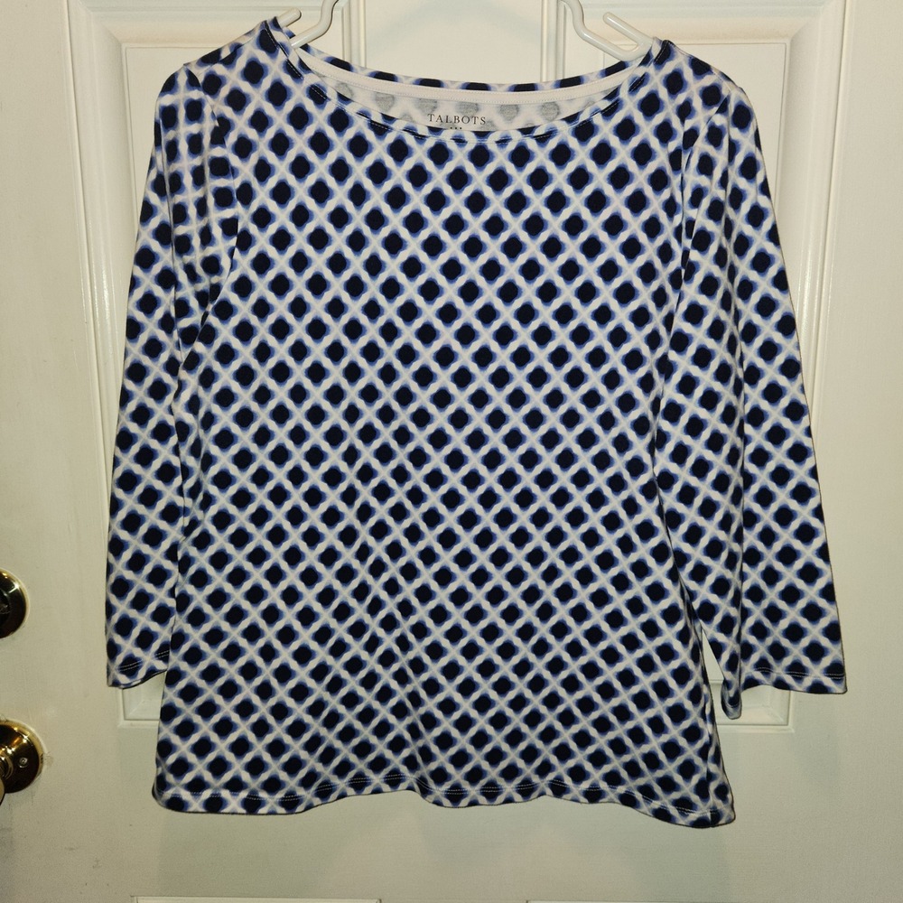 Talbots Women's L Blue White Geometric Print 3/4 Sleeve‎ Top Blouse